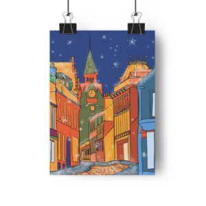 Colourful and vibrant illustration of Victoria Street in Edinburgh, featuring bold, bright colours in the buildings and cobblestone street. The night sky is filled with stars, and the buildings are painted in shades of pink, yellow, blue, and red, creating a lively and energetic scene.