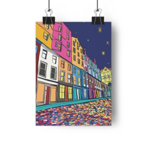 Colourful and vibrant illustration of Victoria Street in Edinburgh, featuring bold, bright colours in the buildings and cobblestone street. The night sky is filled with stars, and the buildings are painted in shades of pink, yellow, blue, and red, creating a lively and energetic scene.