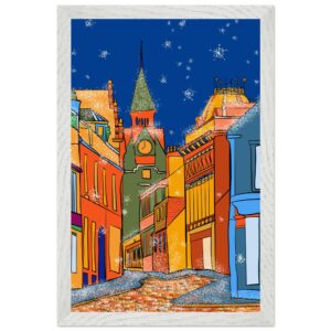 Colourful and vibrant illustration of the Brae, Nairn, featuring bold, bright colours in the buildings and cobblestone street.